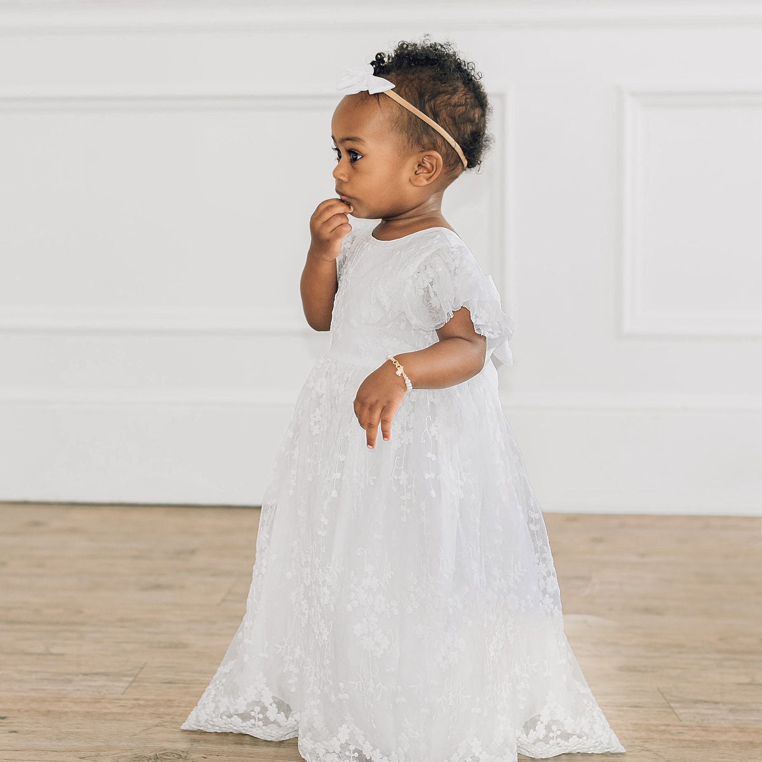 toddler christening dress in white lace.