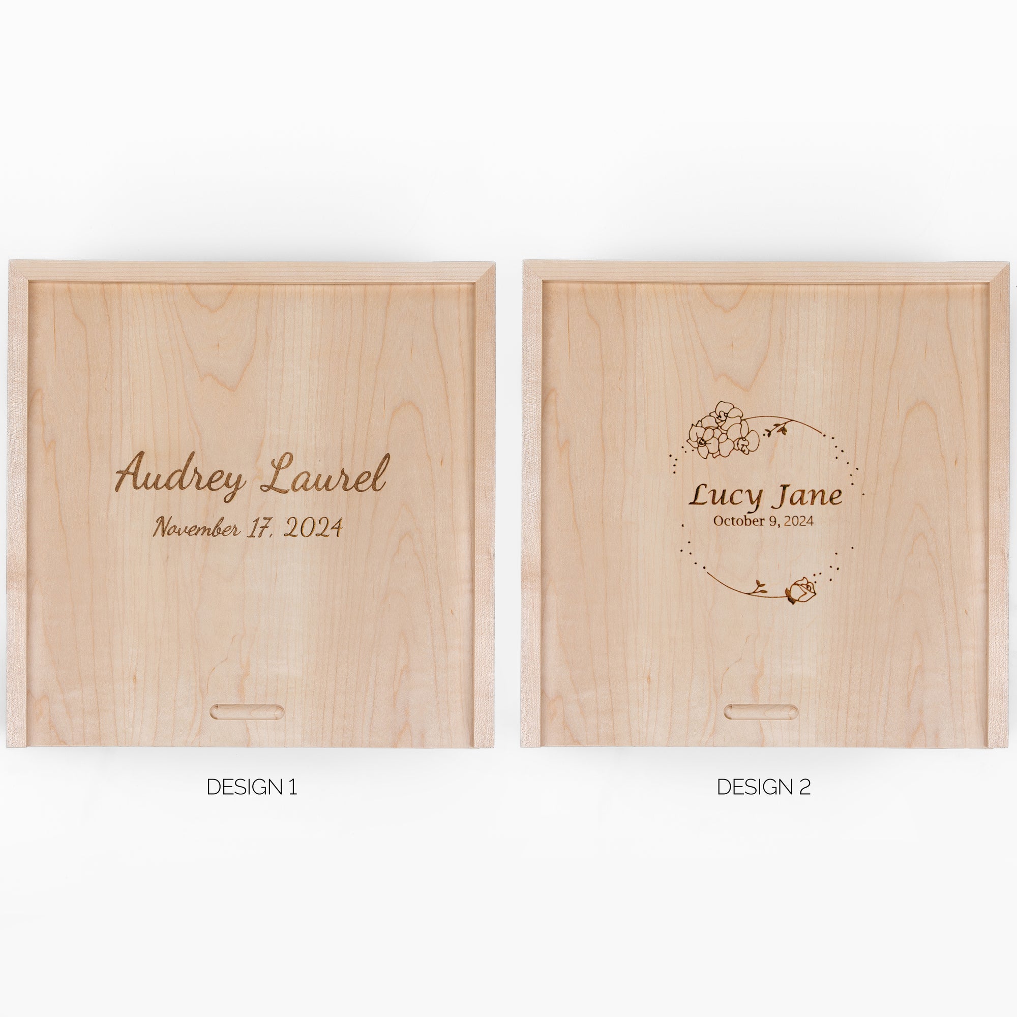 Engraved and personalized wooden box with baby name and birthdates.