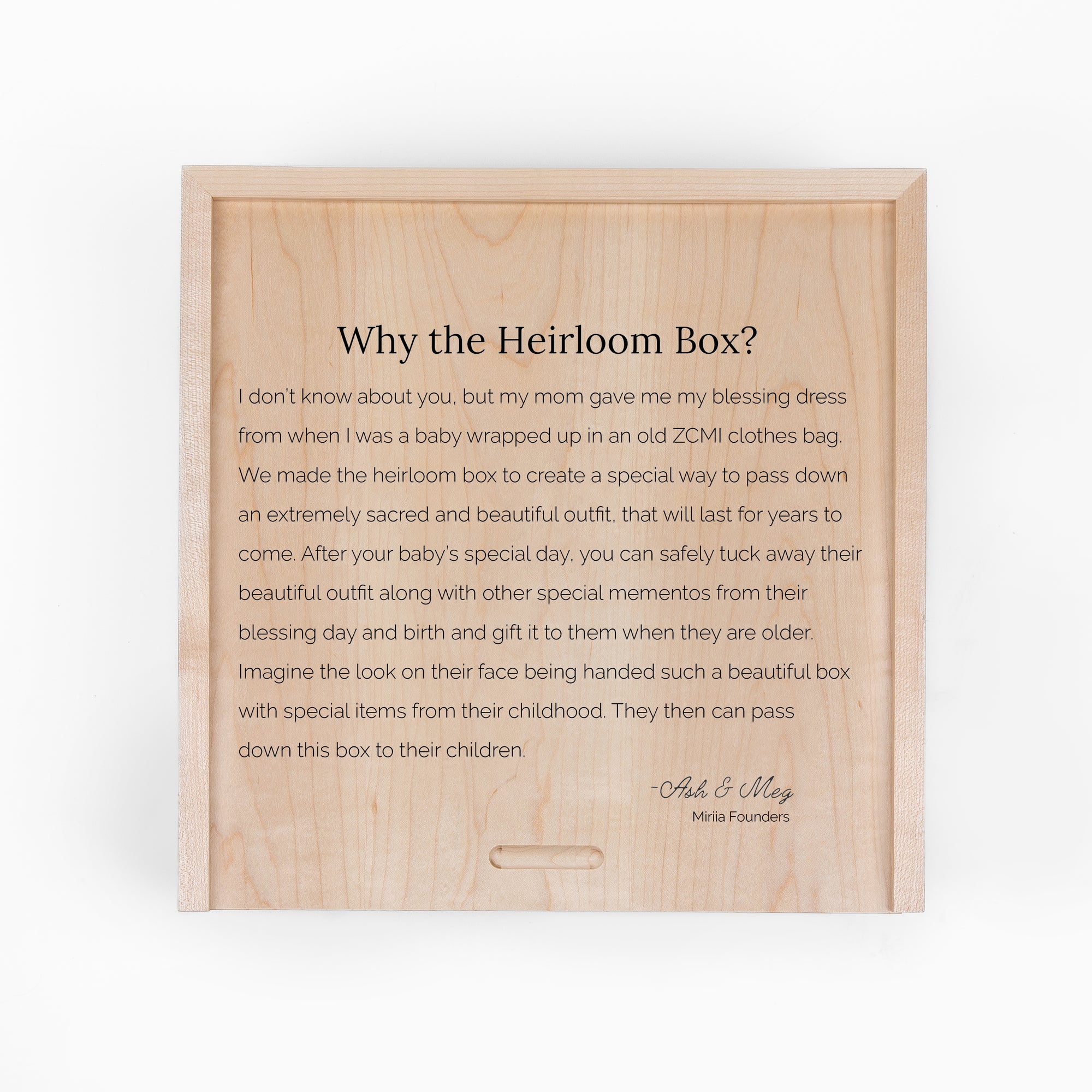 Message from founders for wooden heirloom box.