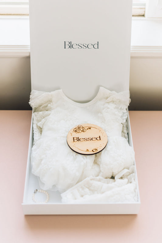 Flat lay of blessing and blessed photo prop in keepsake box