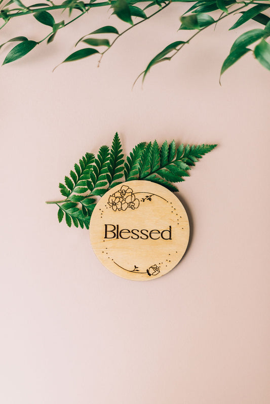wood burned blessed photo prop flat lay