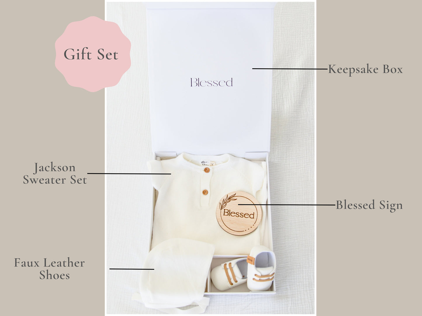 The Jackson Gift Set | Bonnet | Shoes - White blessing/baptism/christening baby boy outfit