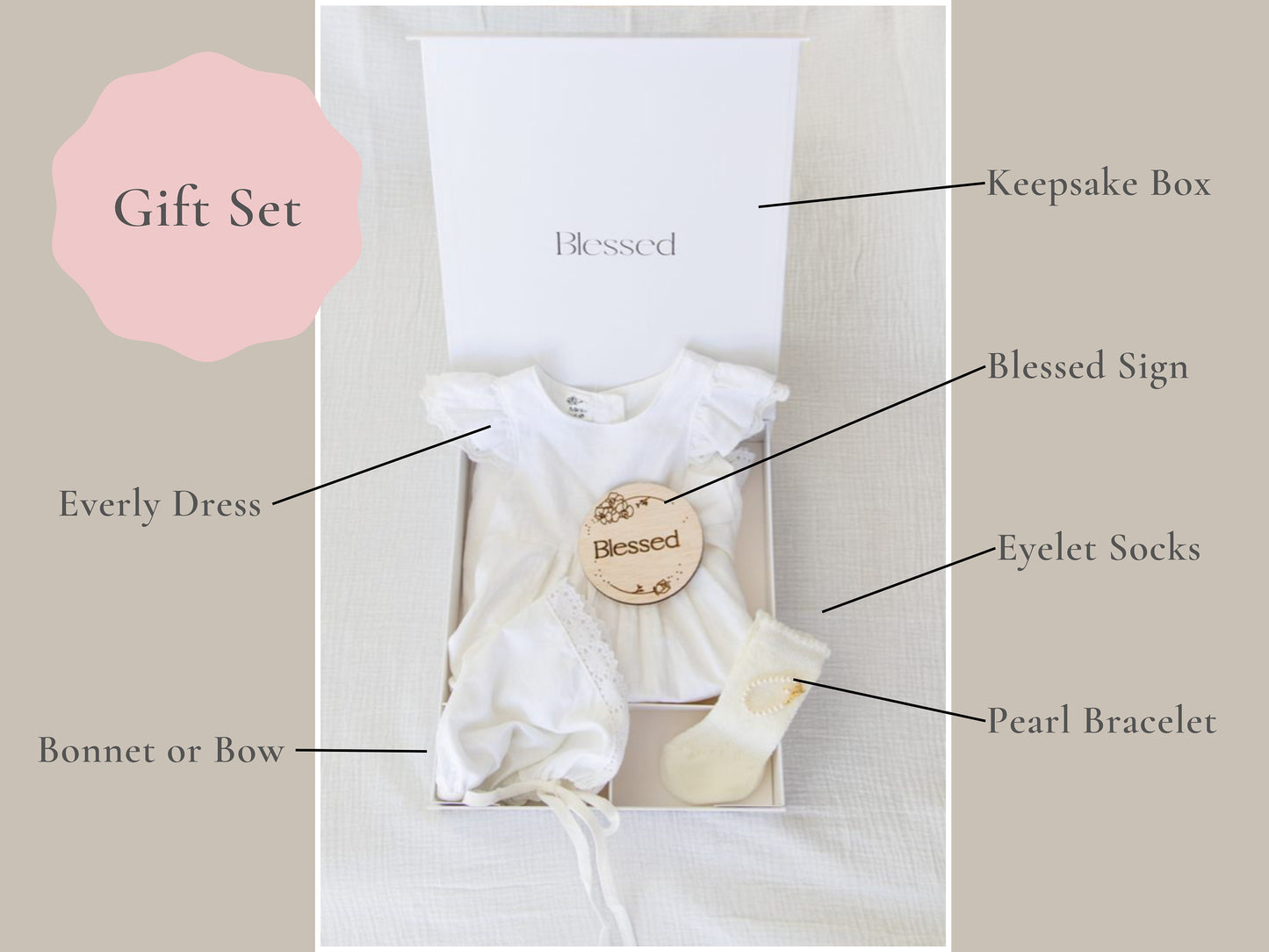 The Everly Gift Set | Pearl - Baby girl white dress blessing/christening dress baptism dress