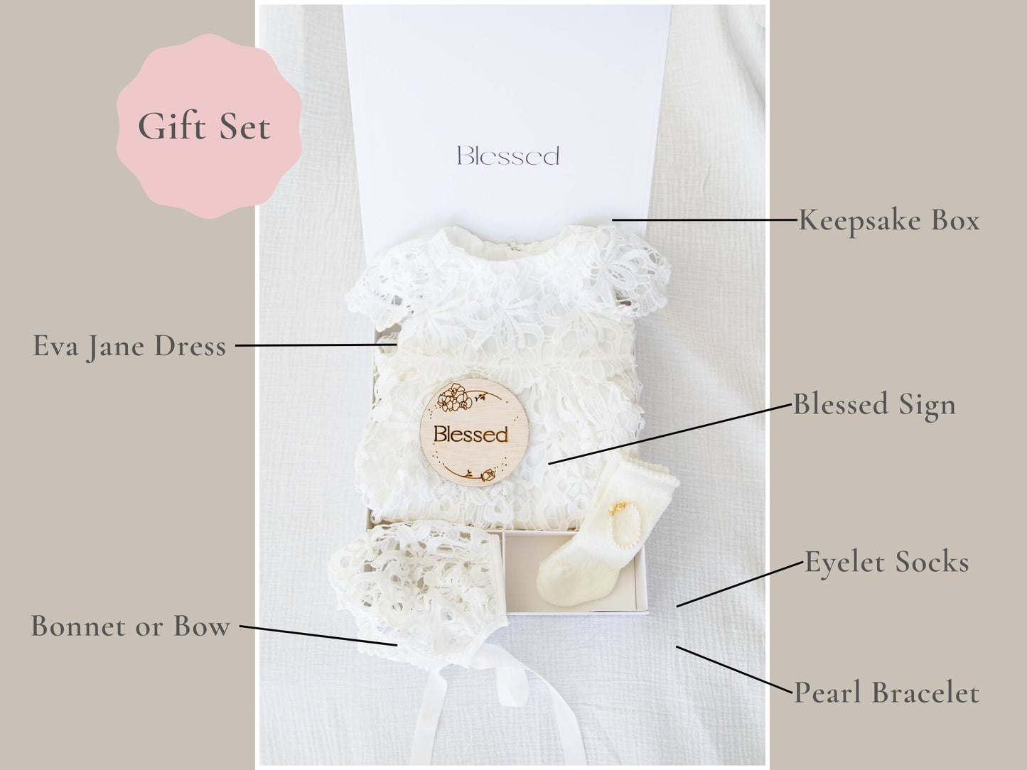 The Maely Gift Set - Baby Girl Blessing Day/ Christening baptism dress gift set with Bracelet, Headpiece, Socks, Keepsake Box, Blessed Sign